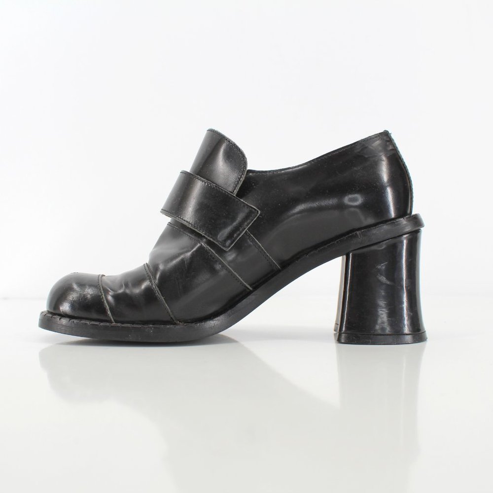VTG 90s Black Leather Heeled Loafers Chunky Buckle Strap Shoes Italy Size 6.5/7 - Picture 6 of 12